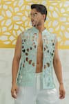 Buy_Runit Gupta_Blue Chanderi Silk Embroidery, Beads Cutwork Floral Bundi Set _Online_at_Aza_Fashions