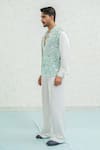 Shop_Runit Gupta_Blue Chanderi Silk Embroidery, Beads Cutwork Floral Bundi Set _Online_at_Aza_Fashions