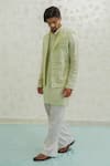 Buy_Runit Gupta_Green Chanderi Silk Embroidery Pista Duo Flap Bundi _Online_at_Aza_Fashions