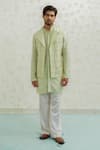 Buy_Runit Gupta_Mint Chanderi , Vegan Embroidery, Pista Duo Flap Bundi And Kurta Set _at_Aza_Fashions