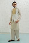 Shop_Runit Gupta_Ivory Chanderi , Vegan Ochre Patch Semicircle Bundi And Kurta Set _Online_at_Aza_Fashions