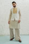 Runit Gupta_Ivory Chanderi , Vegan Ochre Patch Semicircle Bundi And Kurta Set _at_Aza_Fashions