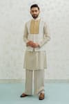 Buy_Runit Gupta_Ivory Chanderi , Vegan Ochre Patch Semicircle Bundi And Kurta Set _at_Aza_Fashions