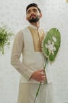 Shop_Runit Gupta_Ivory Chanderi , Vegan Ochre Patch Semicircle Bundi And Kurta Set 