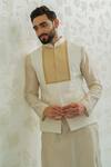 Runit Gupta_Ivory Chanderi , Vegan Ochre Patch Semicircle Bundi And Kurta Set _Online