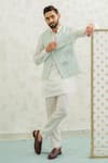 Buy_Runit Gupta_Blue Linen, Cotton Embroidery Flap Palm Bundi And Kurta Set 