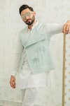 Shop_Runit Gupta_Blue Linen, Cotton Embroidery Flap Palm Bundi And Kurta Set 