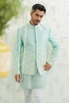 Buy_Runit Gupta_Aqua Vegan , Chanderi Embroidery Amoeba Blue Jodhpuri Set _Online_at_Aza_Fashions