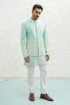 Buy_Runit Gupta_Aqua Vegan , Chanderi Embroidery Amoeba Blue Jodhpuri Set _at_Aza_Fashions