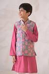 Shop_The Plum Bum_Pink Muslin, Silk, Cotton, Chanderi Floral Nehru Jacket And Kurta Set _at_Aza_Fashions