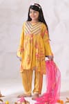 Shop_The Plum Bum_Yellow Satin, Linen, Chiffon Embroidery, Floral Pleated Kurta Set With Dupatta _at_Aza_Fashions