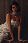 Twenty Nine_Gold Net Embroidery, Mirrors, Beads Bandeau Neck Off Shoulder Corset Top _Online_at_Aza_Fashions