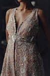 Twenty Nine_Blush Net Embroidery, Mirrors, Beads V-neck Mirrorwork Sleeveless Long Jacket _Online_at_Aza_Fashions