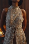 Buy_Twenty Nine_Beige Net Embroidery, Mirrors High Neck And Sequin Low Jacket _Online_at_Aza_Fashions