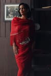 Buy_Twenty Nine_Red Georgette, Satin Mirrors, Scalloped Mirrorwork Saree With Corset Blouse _Online_at_Aza_Fashions
