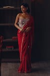 Buy_Twenty Nine_Red Georgette, Satin Mirrors, Scalloped Mirrorwork Saree With Corset Blouse _at_Aza_Fashions