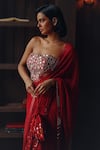 Twenty Nine_Red Georgette, Satin Mirrors, Scalloped Mirrorwork Saree With Corset Blouse _at_Aza_Fashions
