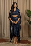 Buy_Vanshika Agarwal Label_Navy Georgette Embroidery, Sequins V-neck, Elira Blouse, Skirt And Kaftan Jacket _at_Aza_Fashions