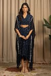 Vanshika Agarwal Label_Navy Georgette Embroidery, Sequins V-neck, Elira Blouse, Skirt And Kaftan Jacket _at_Aza_Fashions