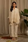 Vanshika Agarwal Label_Off White Georgette, Cotton Embroidery, Sequins Collared Zuna Top And Pant Set _Online_at_Aza_Fashions