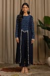 Vanshika Agarwal Label_Navy Georgette Embroidery, Sequins Round Neck Lyana Long Top And Pant Set _Online_at_Aza_Fashions