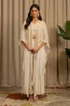 Buy_Vanshika Agarwal Label_Off White Georgette Embroidery, Sequins V-neck, Reva Top, Pant And Jacket Set _at_Aza_Fashions