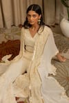 Vanshika Agarwal Label_Off White Georgette Embroidery, Sequins V-neck, Reva Top, Pant And Jacket Set _at_Aza_Fashions