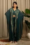 Buy_Vanshika Agarwal Label_Green Georgette Sequins, Embroidery, Zari Reva Top, Pant And Kaftan Jacket Set _at_Aza_Fashions
