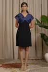 Buy_Vanshika Agarwal Label_Blue Organza, Georgette Beads, Fabric Flowers V-neck Kim And Dress _at_Aza_Fashions