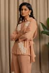 Buy_Vanshika Agarwal Label_Peach Georgette Applique, Embroidery Collared Lancet Floral Shirt And Pant Set _Online_at_Aza_Fashions