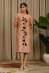 Buy_Vanshika Agarwal Label_Beige Bemberg Applique Round Neck Liora Embroidered Floral Midi Dress _at_Aza_Fashions