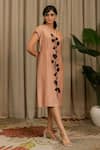 Shop_Vanshika Agarwal Label_Beige Bemberg Applique Round Neck Liora Embroidered Floral Midi Dress _at_Aza_Fashions