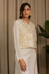 Buy_Vanshika Agarwal Label_White Bemberg, Organza, Georgette Sequins Moon Geometric Overlay Top And Pant Set _Online_at_Aza_Fashions