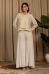Buy_Vanshika Agarwal Label_White Bemberg, Organza, Georgette Sequins Moon Geometric Overlay Top And Pant Set _at_Aza_Fashions