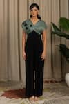 Shop_Vanshika Agarwal Label_Black Organza, Georgette Embroidery V-neck Moco And Floral Applique Jumpsuit _Online_at_Aza_Fashions