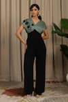 Buy_Vanshika Agarwal Label_Black Organza, Georgette Embroidery V-neck Moco And Floral Applique Jumpsuit _at_Aza_Fashions