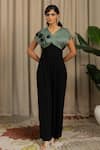 Shop_Vanshika Agarwal Label_Black Organza, Georgette Embroidery V-neck Moco And Floral Applique Jumpsuit _at_Aza_Fashions