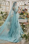 Baya_Aqua Viscose Embroidery, Sequins, Beads, Applique, Floral Gown With Veil _Online_at_Aza_Fashions