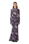 Buy_Huemn_Purple Net, Lycra Round Neck Printed Sculpted Gloved Top _at_Aza_Fashions