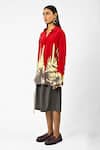 Huemn_Red Crepe, Silk Collared Floral Drip Shirt _Online_at_Aza_Fashions