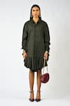 Shop_Huemn_Olive Green Cotton Collared Plain Ruffle Hem Shirt Dress _at_Aza_Fashions