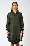 Huemn_Olive Green Cotton Collared Plain Ruffle Hem Shirt Dress _at_Aza_Fashions