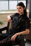 Label Deepika Nagpal_Black Mesh Embroidery, Metallic Thread, Studs Collared Wren Shirt And Pant Set _Online_at_Aza_Fashions