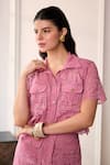 Label Deepika Nagpal_Pink Mesh Collared Naya Lace Cropped Shirt And Midi Skirt Set _Online_at_Aza_Fashions