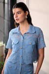 Label Deepika Nagpal Blue Mesh Collared Naya Lace Cropped Shirt And Midi Skirt Set at Aza Fashions Label Deepika Nagpal_Blue Mesh Collared Naya Lace Cropped Shirt And Midi Skirt Set _at_Aza_Fashions
