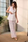 Buy_Label Deepika Nagpal_White Crepe, Mesh Lace, Metallic Cece Sleeveless Blazer And Pocket Pant Set 