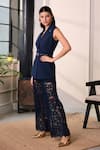 Buy_Label Deepika Nagpal_Navy Crepe, Mesh Lace Cher Sleeveless Blazer And Embroidered Pant Set 