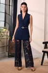 Buy_Label Deepika Nagpal_Navy Crepe, Mesh Lace Cher Sleeveless Blazer And Embroidered Pant Set _at_Aza_Fashions