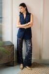 Shop_Label Deepika Nagpal_Navy Crepe, Mesh Lace Cher Sleeveless Blazer And Embroidered Pant Set 