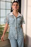 Label Deepika Nagpal_Blue Mesh, Crepe Embroidery, Metallic Thread Collared Artemis Shirt And Pant Set _at_Aza_Fashions